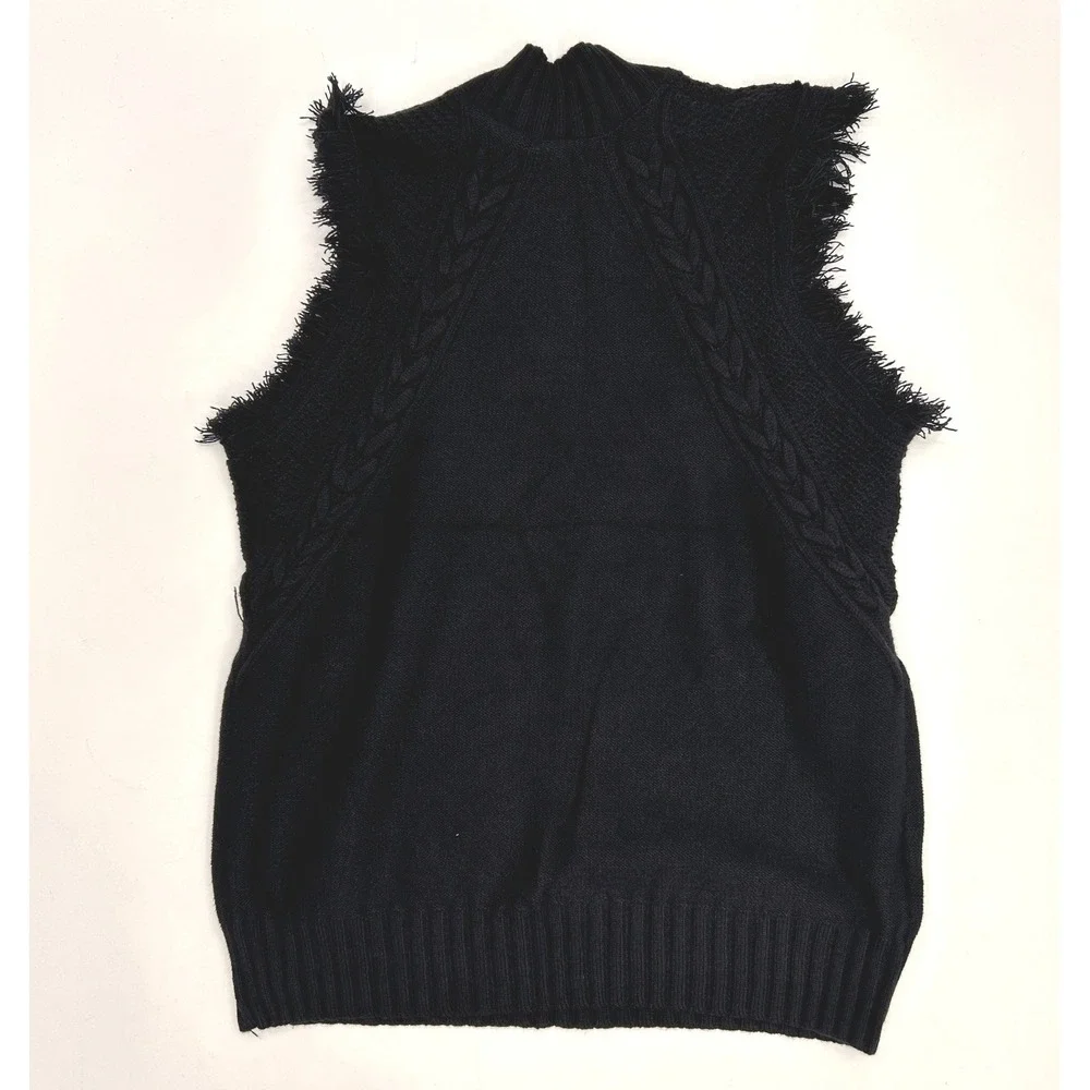 Black Mock Neck Cable Knit Sweater Vest Fringed Sleeveless Top Acrylic Cottage - Picture 3 of 7